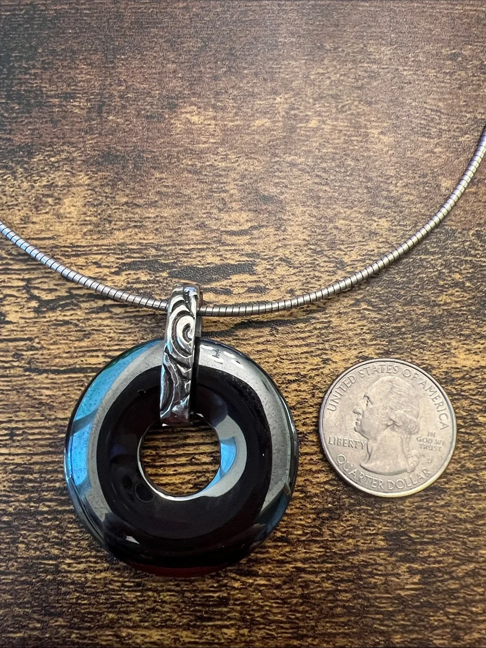 Black Hematite Donut Pendant Necklace in an Italian made 925 Omega chain